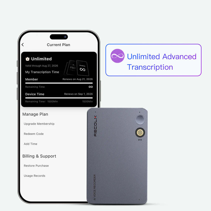 Recolx Tap™ Pro AI Voice Recorder & AI Annual Unlimited Plan