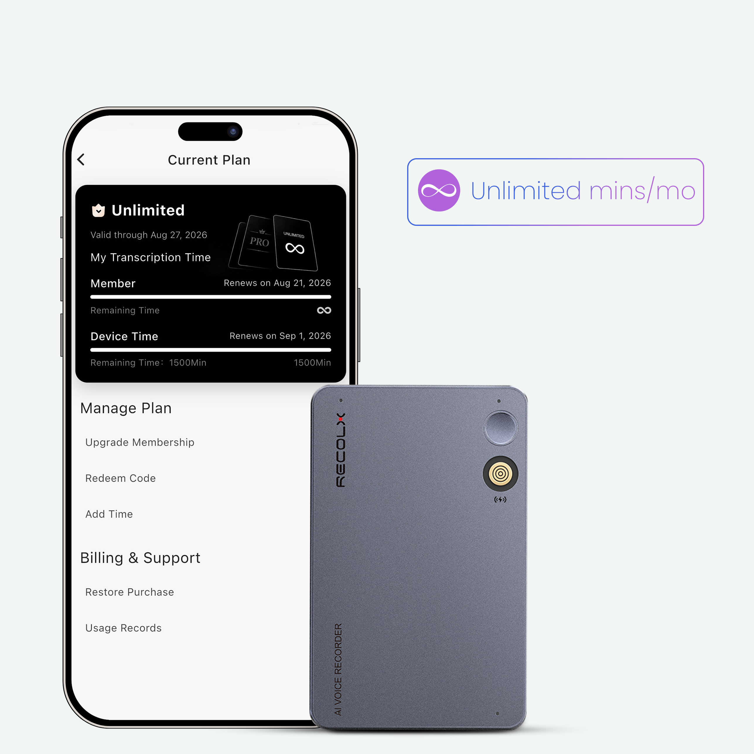 Recolx Tap™ Pro AI Voice Recorder & AI Annual Unlimited Plan